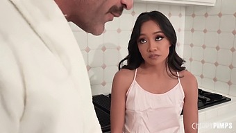 Petite Asian Babe Jade Kimiko Surprises Charles Dera In The Kitchen And Eagerly Pleasures His Big Cock